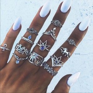 Jewelry - NEW Boho Silver and Blue Crystal 13 Piece Ring Set Jewelry - NEW Boho Silver and Blue Crystal 13 Piece Ring Set